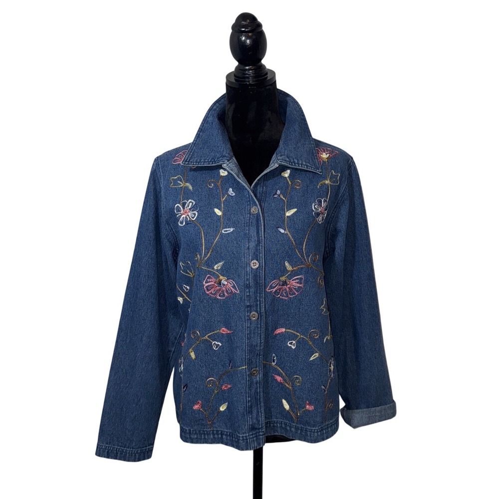 New Identity‎ Shacket Women M Blue Denim Jacket Cottagecore Floral Embroidered
